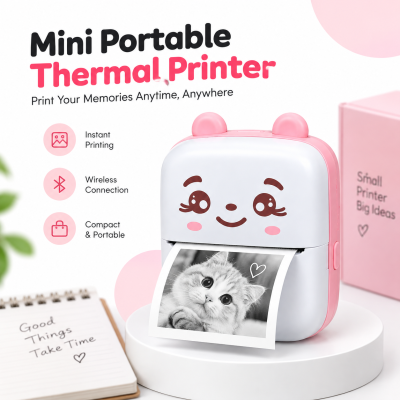Mini Portable Thermal Printer – Inkless Wireless Bluetooth Sticker & Label Printer with High-Resolution Print, Rechargeable Battery & App Support for Android & iOS